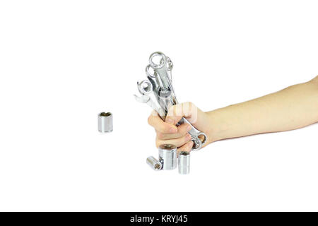 Main tenant un tas d'outils de travail Banque D'Images