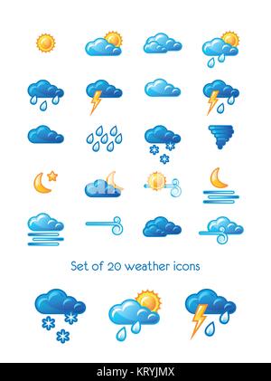 Ensemble de 20 icônes météo drôle. Vector illustration. Fond blanc Illustration de Vecteur