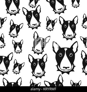 Happy dog bull terrier noir et blanc arrière-plan. Modèle sans couture.