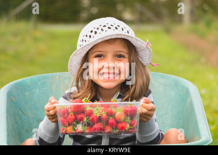 Little girl with hat qui la cueillette des fraises Banque D'Images