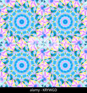 Abstract background transparent géométrique. Floral motif cercles réguliers. Bleu turquoise avec des fleurs rose, violet et jaune, orné d'éléments et étendues. Banque D'Images