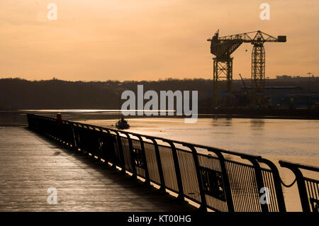 Grues en vu de Hebburn Walker, South Tyneside au coucher du soleil Banque D'Images