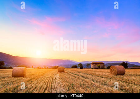 Coucher de soleil sur champ agricole avec des balles de foin près de Sault Banque D'Images