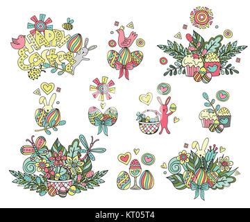 Sketch vector hand drawn doodles caricature ensemble d'objets et symboles de Pâques Illustration de Vecteur