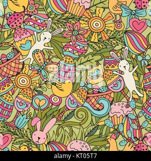 Cartoon vector hand drawn Doodle Joyeuses Pâques illustration. Modèle sans couture. Illustration de Vecteur