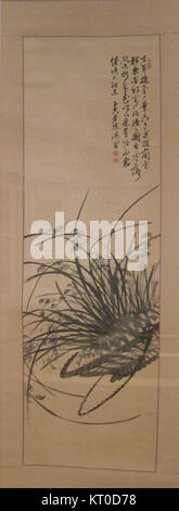 Un dessin à l'encre du XIXe siècle intitulé « Orchid in Hanging basket » de l'artiste coréen Gim Gyu-jin, illustrant l'illustration botanique traditionnelle coréenne. Banque D'Images