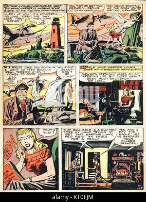 Illustration tirée de la bande dessinée « The Black Terror », numéro 24, page 30, publiée en septembre 1948, mettant en vedette des personnages engagés dans la conversation. Banque D'Images