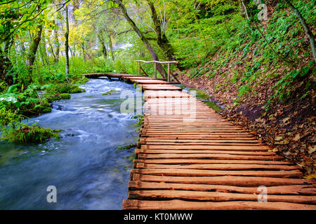 Promenade dans le parc des lacs de Plitvice Banque D'Images