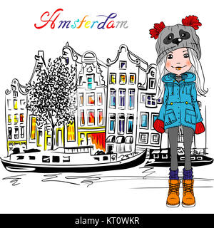 Amsterdam canal vecteur et maisons typiquement néerlandais Banque D'Images