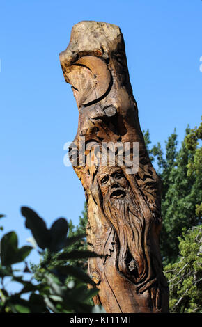 Sculpture d'un homme vert et d'une lune dans un grand tronc d'arbre-souche à l'enseignement dans le jardin de Linné Tulsa Oklahoma USA 8 - 27 - 2017 Banque D'Images