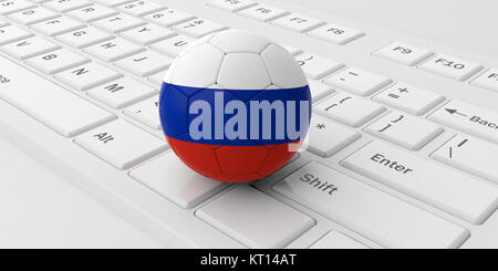 Football Soccer ball avec la Russie d'un drapeau blanc isolé sur un clavier d'ordinateur portable. 3d illustration Banque D'Images