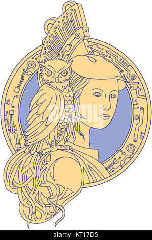 Athena avec Owl sur l'épaule du Cercle Circuit ligne mono Banque D'Images