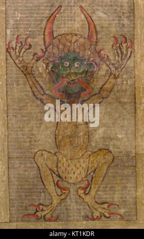 Le Codex Gigas, également connu sous le nom de « Bible du diable », est un manuscrit médiéval célèbre pour sa grande taille et l'image du diable. Ce manuscrit, datant du début du XIIIe siècle, contient des textes religieux, des informations médicales et des documents historiques, ce qui en fait un artefact historique précieux. Banque D'Images