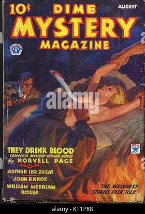 Dime Mystery Magazine, un magazine américain de fiction sur la pulpe, présente des histoires passionnantes de mystère. L'édition d'août 1934 est un exemple classique de détective et de fiction criminelle des années 1930, mettant en valeur le genre populaire de cette époque. Banque D'Images