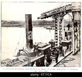 Cette image illustre le processus de déchargement du poisson menhaden d'un bateau à vapeur à l'aide d'un élévateur à godets. La méthode a été utilisée pour un déchargement efficace dans l'industrie de la pêche, en particulier au début du XXe siècle. Banque D'Images