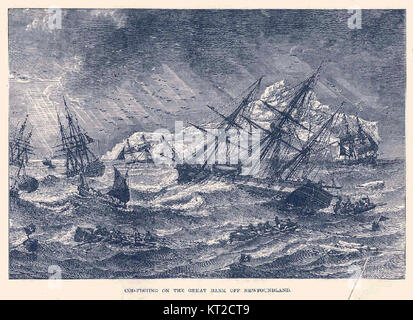 Cette œuvre d'art historique intitulée pêche à la morue sur le Grand banc au large de Terre-Neuve représente l'industrie de la pêche, plus particulièrement la pêche à la morue, qui était une activité économique majeure dans la région de Terre-Neuve. La peinture ou l'illustration montre probablement des pêcheurs travaillant dans des conditions difficiles pour capturer la morue, ce qui reflète l'importance du commerce de la pêche pour les économies et les communautés locales. Banque D'Images