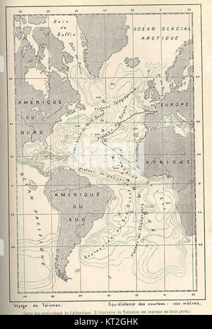 La carte des sondeurs de l'Atlantique, ou carte des profondeurs de l'Atlantique, est une carte détaillée montrant la topographie sous-marine et les mesures de profondeur de l'océan Atlantique. Il fournit un aperçu précieux des études océanographiques. Banque D'Images