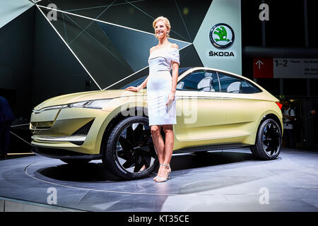 Francfort, Allemagne - le 12 septembre 2017 : 2017 Skoda Vision E Concept présenté sur le 67-ème Salon International de l'Automobile de Francfort (IAA) dans la Messe Frank Banque D'Images