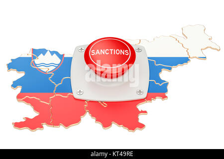 Bouton de sanctions sur la carte de la Slovénie, rendu 3D isolé sur fond blanc Banque D'Images