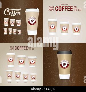 Café sur le rendez-vous des tasses. Différentes tailles de papier à emporter tasses à café vector illustration. Illustration de Vecteur