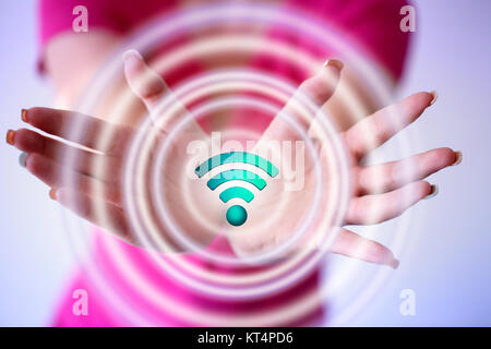 Businesswoman using free hotspot wifi interface utilisateur 3D Rendering Banque D'Images