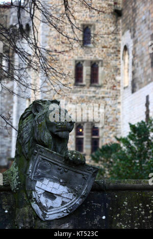 Sculpture en pierre du lion avec la protection animale sur mur, le château de Cardiff en arrière-plan, Cardiff, South Glamorgan, Wales, Royaume-Uni Banque D'Images