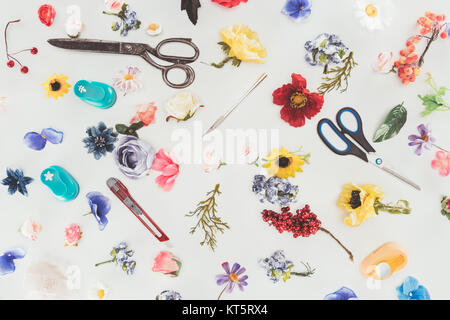 Fleurs de couleur avec des ciseaux et de la papeterie knife isolated on white Banque D'Images