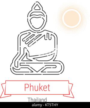 Phuket, Thaïlande l'icône de la ligne du vecteur avec ruban rouge isolé sur blanc. Monument de Phuket - Emblème - Imprimer - Label - Symbole. Pictogramme de Big Buddha Phuket Illustration de Vecteur