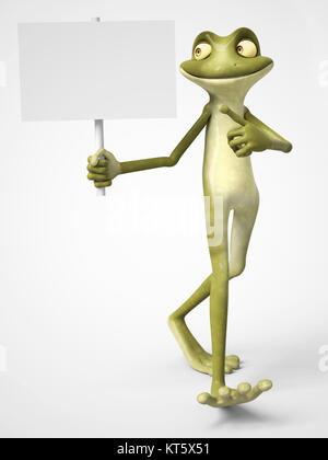 Le rendu 3D de cartoon frog holding blank sign. Banque D'Images