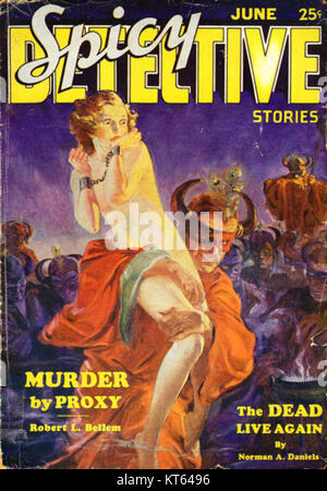 Cette image est tirée d'une publication de 1934 de « Spicy Detective Stories », un magazine populaire Pulp connu pour ses histoires de fiction criminelle. Le magazine a joué un rôle clé dans le développement du genre détective dans la Pulp fiction du début du XXe siècle. Banque D'Images