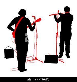 Silhouettes musiciens joue de la guitare et de la flûte. illustration Banque D'Images