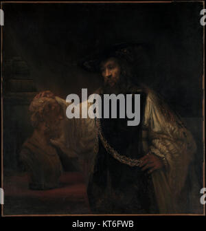 Aristote avec un buste d'Homère est une peinture de Rembrandt de 1653, représentant Aristote contemplant un buste d'Homère, symbolisant une réflexion sur la gloire et la réussite. Banque D'Images