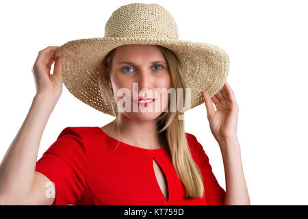 Femme blonde en robe rouge avec chapeau de paille,isolated on white Banque D'Images