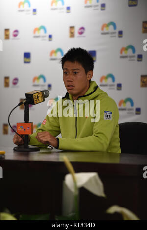 KEY BISCAYNE, Floride - 30 mars : Kei Nishikori conférence de presse au cours de jour 8 de l'Open de Miami présenté par Itau à Crandon Park Tennis Center le 30 mars 2015 à Key Biscayne, Floride Personnes : Kei Nishikori Banque D'Images