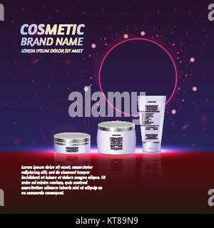 3D réaliste bouteille cosmétique modèle ads. Publicité de la marque de cosmétiques concept design avec paillettes et scintille résumé fond de ciel. Illustration de Vecteur