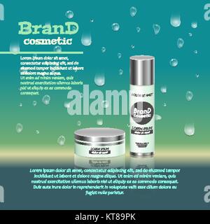 3D réaliste bouteille cosmétique modèle ads. Publicité de la marque de cosmétiques concept design avec bulles d'eau et de gouttes d'arrière-plan. Illustration de Vecteur