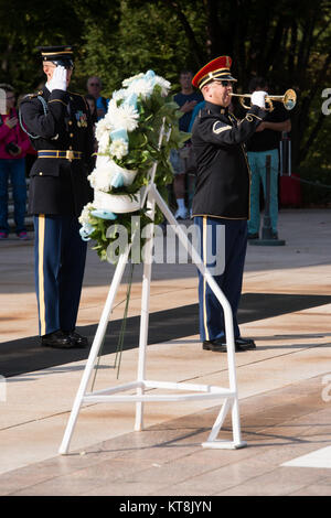 Grèce le suppléant en ministre de la Défense nationale Dimitris Vitsas, deuxième à gauche, avec d'autres fonctionnaires et visiteurs de Arlington National Cemetery, regarder un rituel relève de la garde sur la Tombe du Soldat inconnu, le 14 octobre 2015 à Arlington, Va., dignitaires du monde entier rendre hommage à ceux qui sont enterrés au cimetière national d'Arlington dans plus de 3 000 cérémonies chaque année. (U.S. Photo de l'armée par Rachel Larue/Arlington National Cemetery/libérés) Banque D'Images