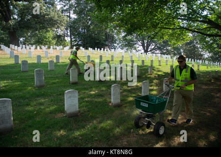 Jeter les bénévoles de la chaux dans l'article 31 de cimetière National d'Arlington, Arlington, Va., le 14 juillet 2017. Plus de 400 professionnels ont participé à paysage bénévole l'Association nationale des professionnels du paysage et de renouvellement annuel 21 souvenir à l'ANC. (U.S. Photo de l'armée par Elizabeth Fraser / Arlington National Cemetery / relâché) Banque D'Images