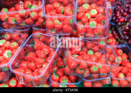 Fraises fraîches contenant sur l'affichage à l'échoppe de marché Banque D'Images