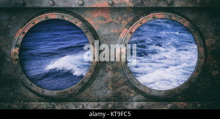 Sous-marin rouillé, fond métal hublots de la mer ondulée hublots. 3d illustration Banque D'Images