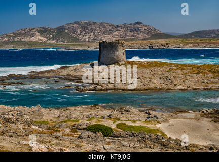 Torre Pelosa, guet du 16ème siècle, sur l'Isola della Pelosa, près de Capo del Falcone et village de Stintino, Sardaigne, Italie Banque D'Images