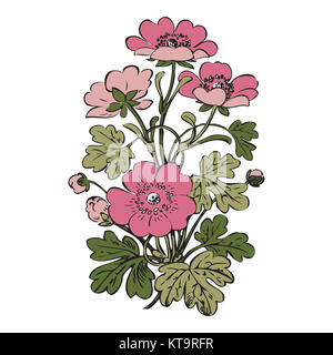 Bush floral sur fond blanc rétro, vector hand drawn fleur décorative vintage contour, libre de branche avec fleurs et bourgeons print design Banque D'Images