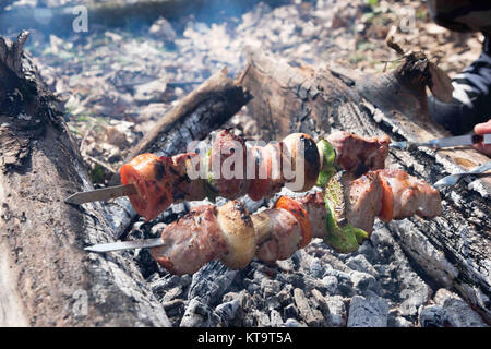 Juteuse tranches de viande en sauce préparer en feu Banque D'Images