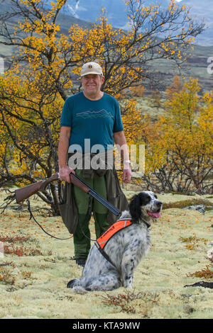 Hunter norvégien avec fusil de chasse chien Setter Anglais et huppée sur la lande à l'automne, la Norvège Banque D'Images