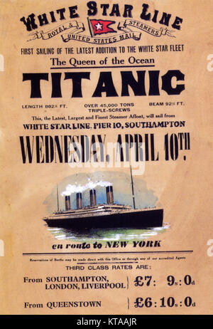 RMS Titanic Affiche annonçant le départ de la voile paquebot britannique en avril 1912. Elle a coulé le 15 avril. Banque D'Images