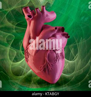 Cœur et artères.ordinateur 3D illustration de l'anatomie externe d'un coeur humain.La surface des vaisseaux sanguins (lignes fines,gauche et du centre) sont les artères et veines,qui apportent le sang oxygéné vers le cœur et enlever le sang désoxygéné.En haut sont des parties des principaux vaisseaux sanguins qui ramènent le sang vers et depuis le coeur.De gauche à droite ils sont : la veine cave,l'aorte, l'artère pulmonaire, et la veine pulmonaire.sang arrive dans la veine cave et est pompé dans les poumons dans l'artère pulmonaire.le sang oxygéné par les poumons arrive dans la veine pulmonaire et est pompée round Banque D'Images