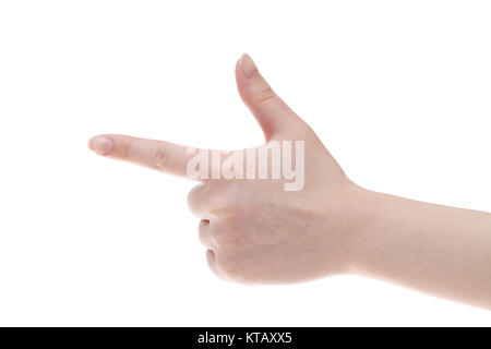 La femme avec le doigt point isolé sur fond blanc Banque D'Images