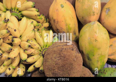 Bande de jaune-banane-mangue fruits Durian entassés ensemble-calage au rez-de-chaussée donnant sur le trottoir de la rue-Leveniza côté extérieur San Andres Mar Banque D'Images