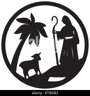 Berger et moutons icône silhouette vector illustration noir sur Banque D'Images