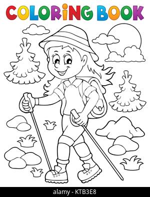 Livre de coloriage femme hiker thème 1 Banque D'Images